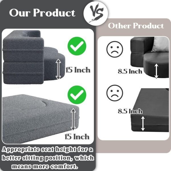 Full Size Folding Sofa Bed, Love Seat Sleeper Bed Floor Sofa Bed with 2 Pillows, Teddy Fabric Fold-Out Twin Sofa Cama & Bed Mattress for Living Room, Apartment, Guest Room, Grey - Image 6