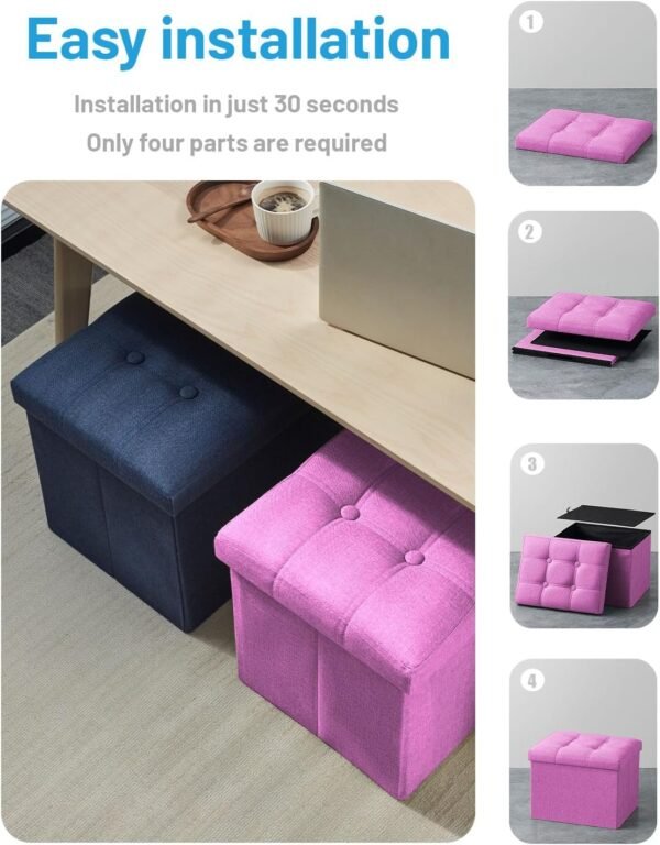 AmasSmile® Storage Ottoman Folding Foot Rest Stool, 17 inch Linen Footstool Bench, Short Ottoman Bench, Storage Foot Rest Store, Books, Pink - Image 4