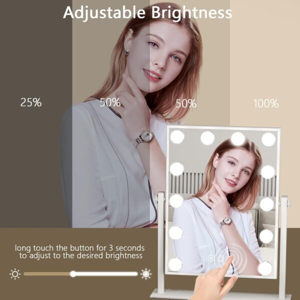 Vanity Mirror with Lights 12.6" x 18.6" Lighted Makeup Mirror 12 Dimmable Bulb - Smart Touch Hollywood Vanity Mirror, Lights Tabletop Makeup Mirror, 360°Rotation(White) - Image 3
