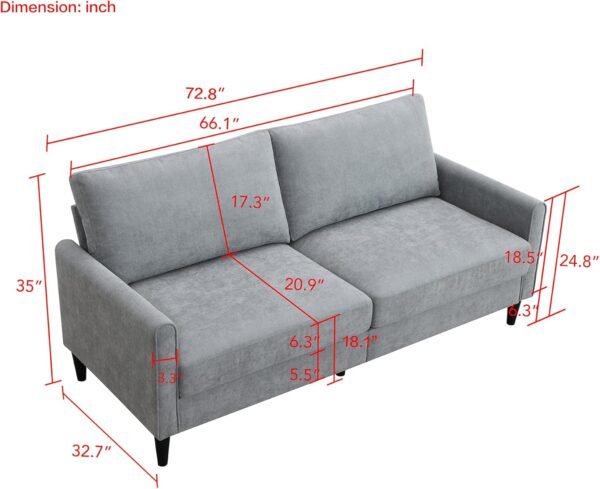 72.8'' Upholstered Modern Sofa, 3 Seater Comfy Couch for Bedroom and Living Room, Designed for Small Spaces, Apartment, Bedroom, Dorm, Office, Easy Assembly (Brushed Fabric, Light Grey) - Image 3