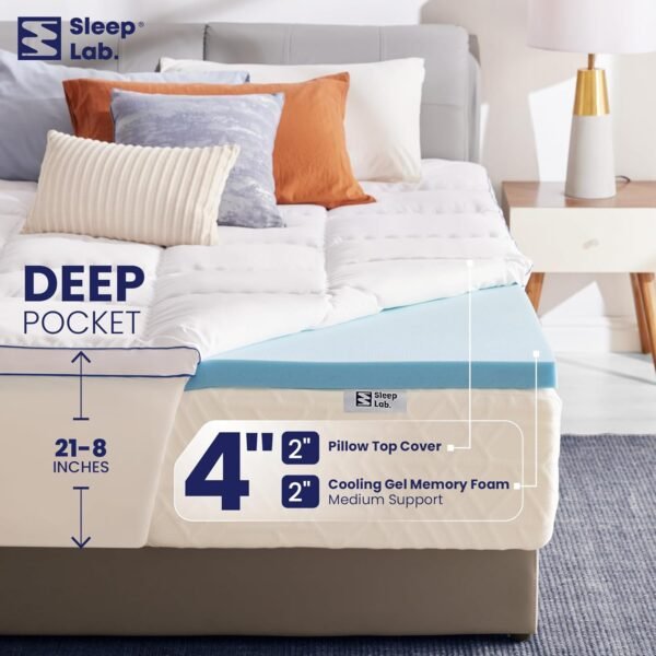 Sleep Lab Dual Layer 4 Inch Memory Foam Mattress Topper - Twin XL Mattress Topper - Cooling Mattress Topper for Back Pain - 2 Inch Cooling Gel Memory Foam, Medium Support + 2 Inch Pillow Top - Image 5