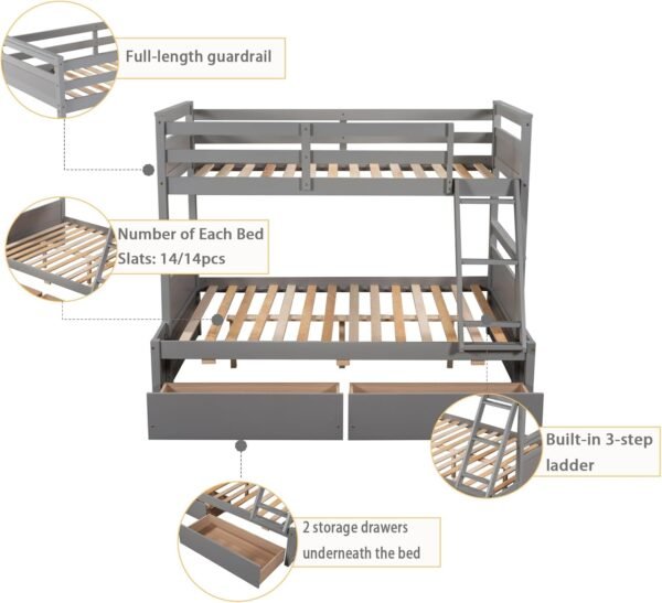 Merax Twin Over Full Bunk Bed, Wood Bunk Bed with Removable Ladders and Two Storage Drawers, Convertible into Two Individual Beds (Grey) - Image 5