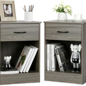 VOWNER 2 PCS Grey Nightstand with Drawer and Storage Shelf, Bedside Table End Tables, File Cabinet Storage with Sliding Drawers and Shelf for Bedroom