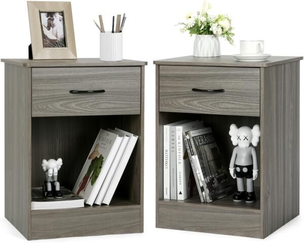VOWNER 2 PCS Grey Nightstand with Drawer and Storage Shelf, Bedside Table End Tables, File Cabinet Storage with Sliding Drawers and Shelf for Bedroom