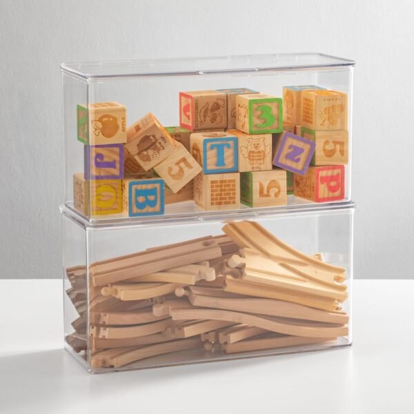 mDesign Plastic Stackable Playroom/Gaming Storage Organizer Bin Box with Hinged Lid for Drawer or Cabinet - Organize Electronics, Crayons, Games, Blocks, Toys, Lumiere Collection - 8 Pack - Clear - Image 3