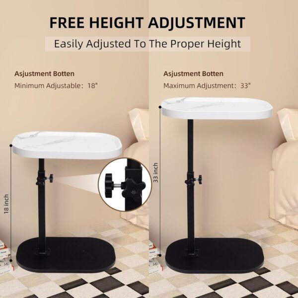 Aoligrace Night Stand Adjustable Height, 360°Swivel C Shaped End Table for Couch Sofa, Walnut Bed Side Table for Living Room Bedroom College Dorm Hospital (White) - Image 2