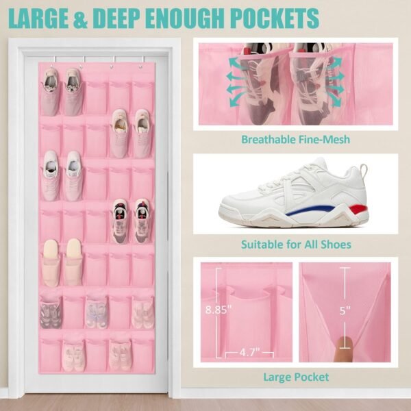 Over The Door Shoe Organizers Pink with 35 Mesh Pockets Baby Organizer Storage Hanging Shoe Organizer Shoe Holder Rack For Toddler Girl Room Baby Room Craft Room Bedroom Pantry Bathroom Closet - Image 4