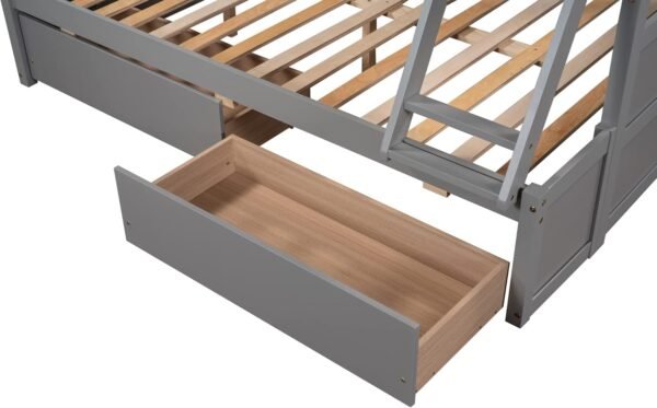 Merax Twin Over Full Bunk Bed, Wood Bunk Bed with Removable Ladders and Two Storage Drawers, Convertible into Two Individual Beds (Grey) - Image 8