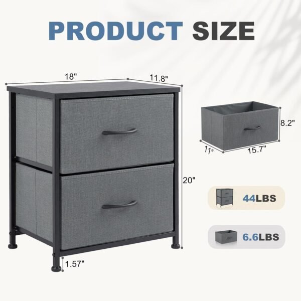 Nightstand with 2 Drawers, Small Dresser with 2 Drawers for Bedroom, End Table with Fabric Bins Bedside Furniture for Bedroom, Closet, Entryway, College Dorm, Grey - Image 3