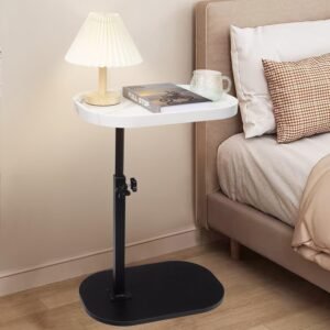 Aoligrace Night Stand Adjustable Height, 360°Swivel C Shaped End Table for Couch Sofa, Walnut Bed Side Table for Living Room Bedroom College Dorm Hospital (White)