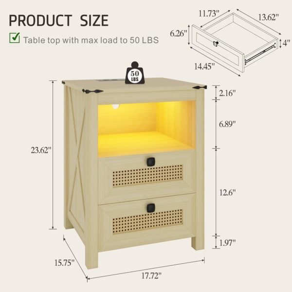Nightstand with Charging Station, Farmhouse Night Stand with 2 Drawers for Bedroom, Smart Bedside Table with 3 Color LED Light and Human Sensor, Wood Rustic End Side Table, Natural - Image 2