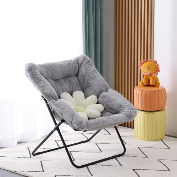Comfy Saucer Chair, Soft Faux Fur Oversized Folding Accent Chair, Flexible Lounge Lazy Chair for Adults Kids, Metal Frame Moon Chair for Dorm Room, Bedroom, Living Room - Image 4