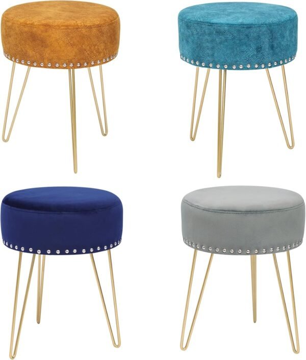 Adeco Round Grey Vanity Stool Chair, Upholstered Makeup Foot Stool Rest Ottoman with Gold Metal Legs for Makeup Room, Living Room - Image 9