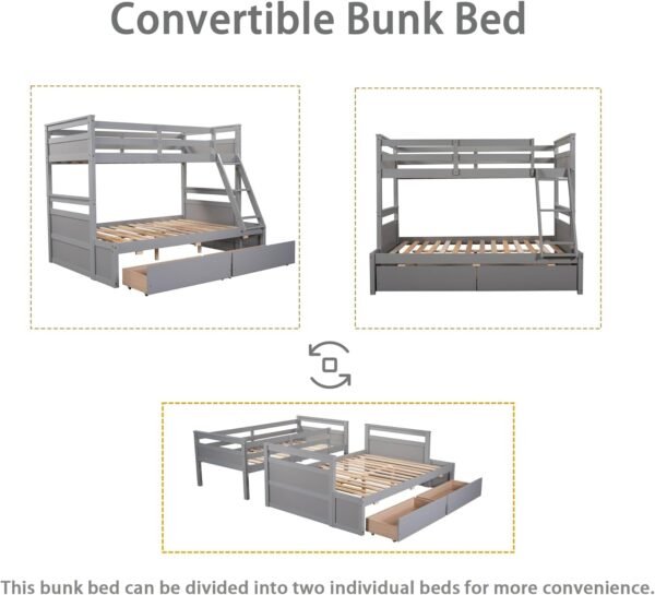 Merax Twin Over Full Bunk Bed, Wood Bunk Bed with Removable Ladders and Two Storage Drawers, Convertible into Two Individual Beds (Grey) - Image 3