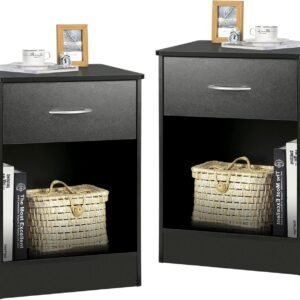 VOWNER 2 PCS Black Nightstand with Drawer and Storage Shelf, Bedside Table End Tables, File Cabinet Storage with Sliding Drawers and Shelf for Bedroom