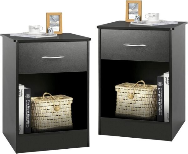 VOWNER 2 PCS Black Nightstand with Drawer and Storage Shelf, Bedside Table End Tables, File Cabinet Storage with Sliding Drawers and Shelf for Bedroom