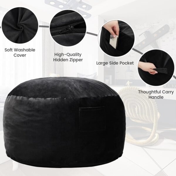 Kromax 3.5 Foot Memory Foam Bean Bag Chair, for Adults, Teens, Kids, Washable Comfy Velvet Suede Cover, Ideal for Dorm, Bedroom, Living Room, Black - Image 5