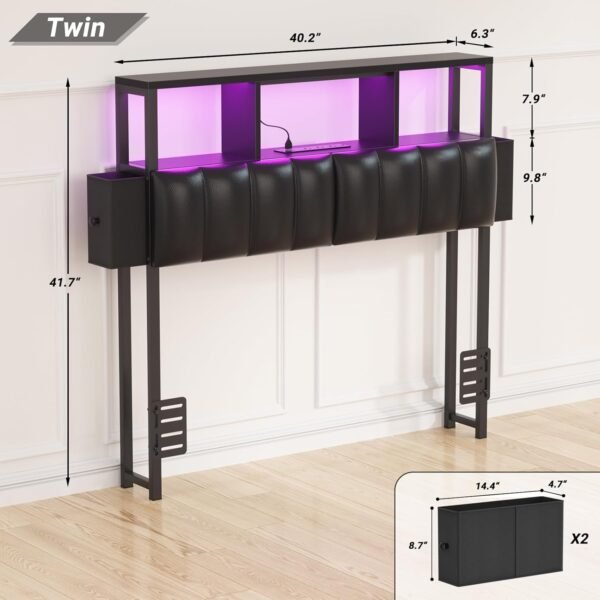 Unikito Upholstered Twin Headboard with Hidden Drawer Storage, Headboards for Twin Size with Power Outlet and LED Light, Twin Size Headboard Only, Sturdy and Stable Headboard for Collage Dorm, Black - Image 2