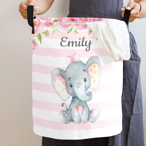 Pink Girl Elephant Personalized Freestanding Laundry Hamper, Custom Waterproof Collapsible Drawstring Basket Storage Bins with Handle for Clothes, Toy, 50cm x 36cm - Image 2