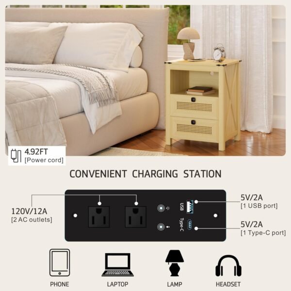 Nightstand with Charging Station, Farmhouse Night Stand with 2 Drawers for Bedroom, Smart Bedside Table with 3 Color LED Light and Human Sensor, Wood Rustic End Side Table, Natural - Image 3