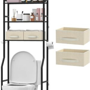 3 Tier Over The Toilet Storage Rack with 2 Basket, Metal Freestanding Bathroom Shelves Toilet with Paper Holder and 4 Hooks, Over Toilet Storage Shelf for Bathroom Storage, Black