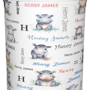 Hippo Baby Hamper for Nursery Girl Personalized Baby Hamper Boy with Name Round Bin with Handles Kids Collapsible Storage Organizer Basket Custom Nursery Hampers Home Decor