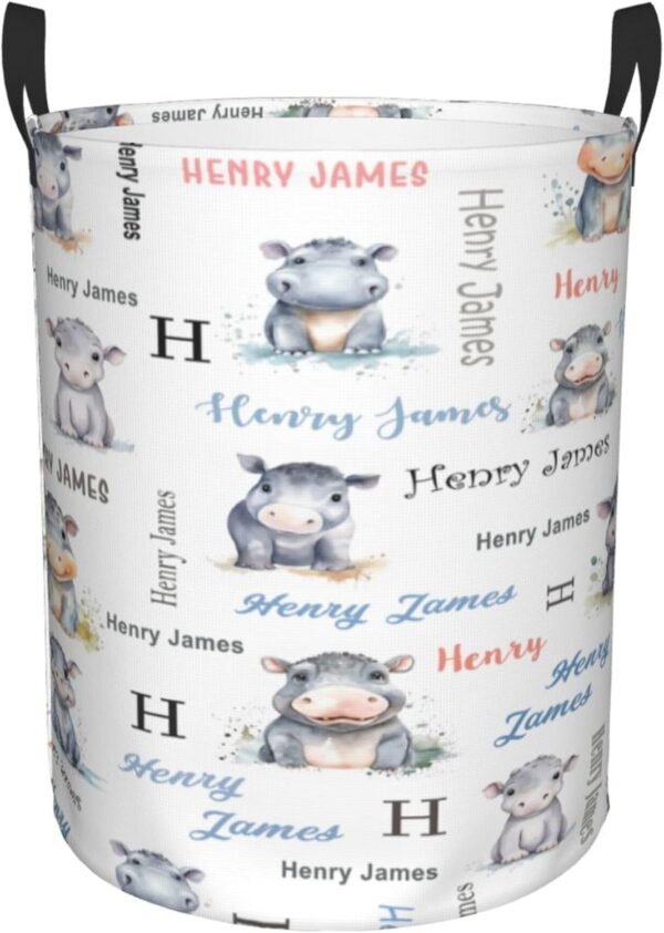 Hippo Baby Hamper for Nursery Girl Personalized Baby Hamper Boy with Name Round Bin with Handles Kids Collapsible Storage Organizer Basket Custom Nursery Hampers Home Decor