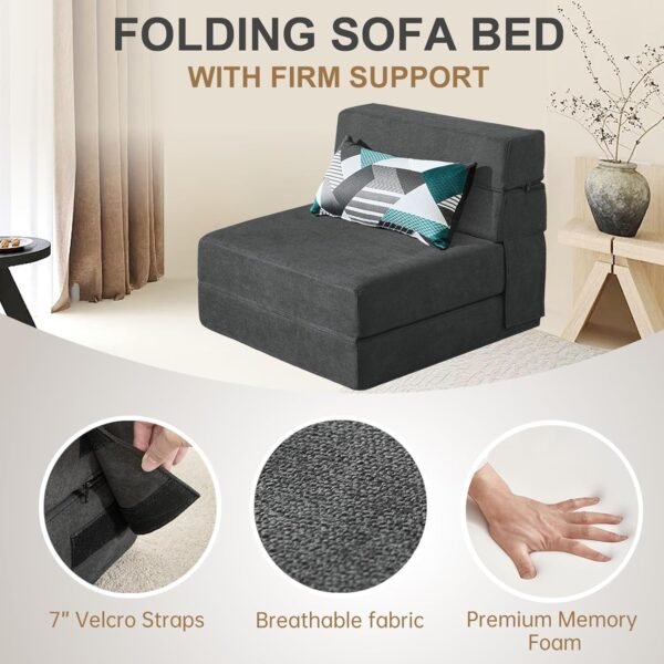 Folding Sofa Bed Single Size with Pillow Memory Foam Convertible Sleeper Chair Floor Couch Futon Lazy for Living Room/Home Office/Guest Beds/Apartment/Upstairs Loft,Dark Gray - Image 6