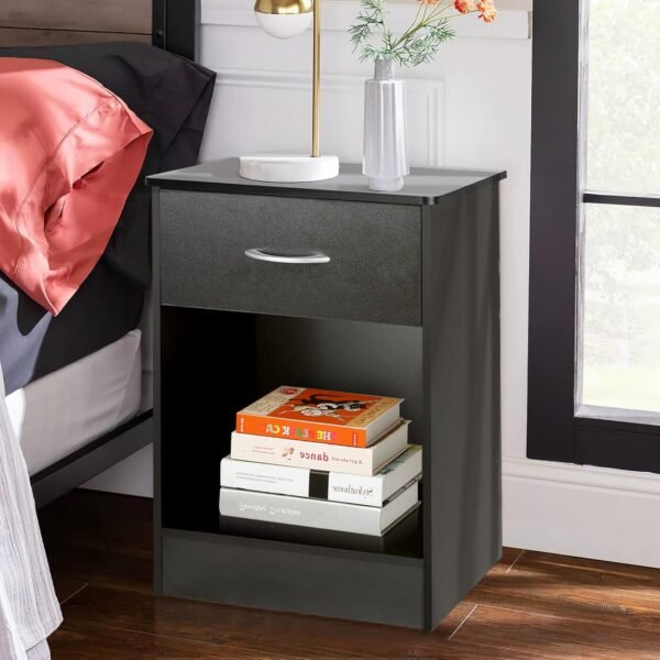 VOWNER 2 PCS Black Nightstand with Drawer and Storage Shelf, Bedside Table End Tables, File Cabinet Storage with Sliding Drawers and Shelf for Bedroom - Image 2