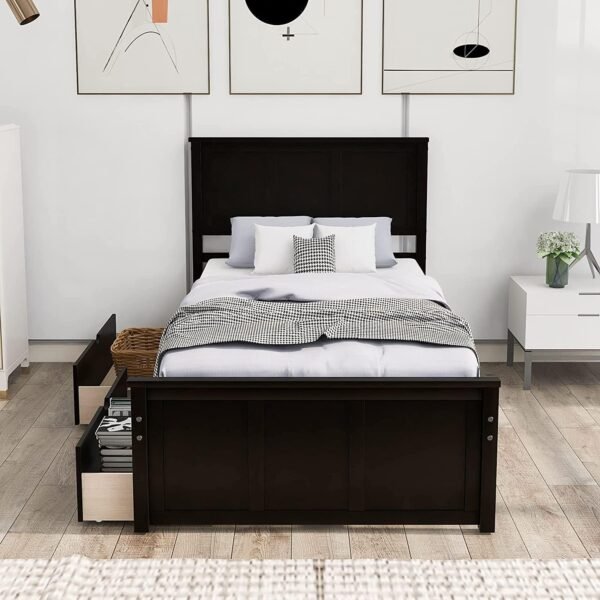 Harper & Bright Designs Twin Bed with Storage Drawers, Solid Wood Platform Bed Frame with Headboard - Espresso - Image 4