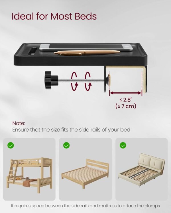 VASAGLE Bedside Shelf for Top Bunk, College Dorm Room Essentials Clip On Nightstand Bedside Storage with Phone Slot, Cup Holder, Hook, Clamps, Dormitory, Loft Accessories, Ink Black ULET301B01 - Image 6