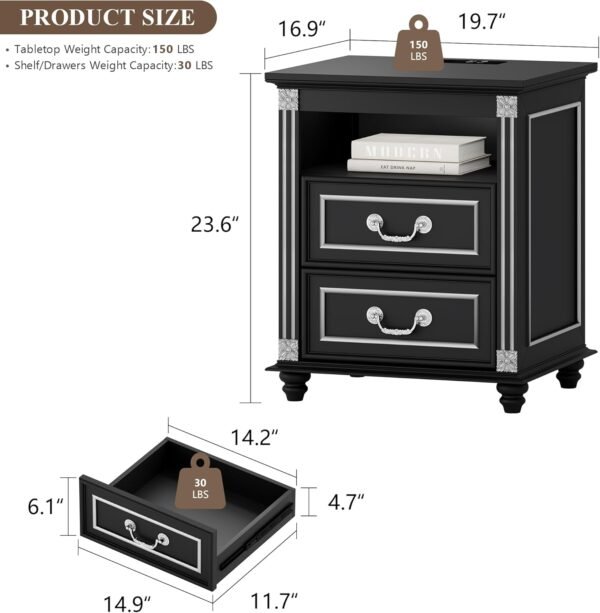 20 Inch Nightstand with Charging Station, End Table with 2 Drawers Storage, Side Table w/Open Shelf, Bedside Table for Bedroom, Living Room, Vintage Black - Image 2