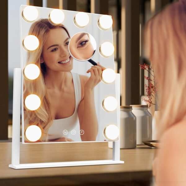 Vanity Mirror with Lights, Hollywood Lighted Makeup Mirror with 3 Color Lighting Modes and 12 Dimmable Bulbs, Detachable 5X Magnification, Smart Touch Control, 360°Rotation, White - Image 6