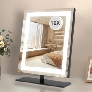 Beelux Lighted Makeup Mirror 12In Vanity Mirror with Lights,Three Color Lighting Modes,10X Magnification Mirror,Smart Touch Control Mental Frame Desk Mirror-Black