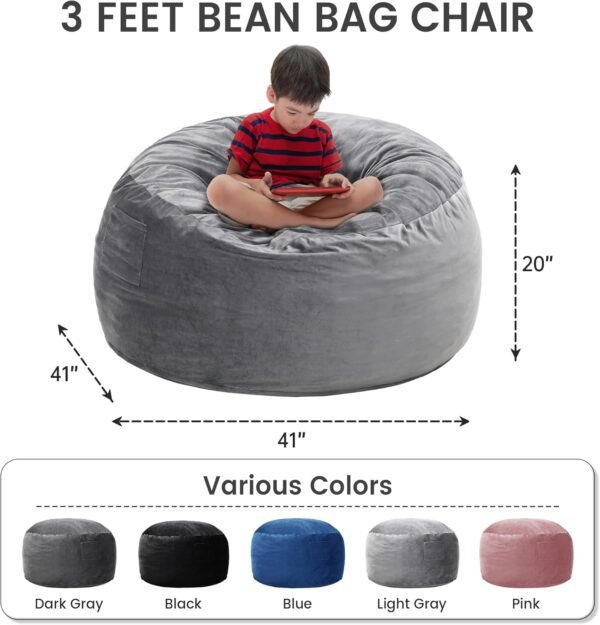 Kromax 3.5 Foot Memory Foam Bean Bag Chair, for Adults, Teens, Kids, Washable Comfy Velvet Suede Cover, Ideal for Dorm, Bedroom, Living Room, Dark Gray - Image 2