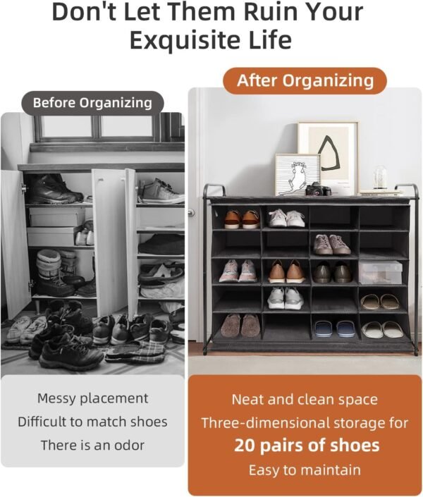 MULISOFT 5-Tier Shoe Cubby with 20-Grid Storage, Shoe Rack Organizer for Maintaining Shoes, Stackable Cubby Shoe Rack, Easy-to-Mobile Shoe Organizer Cubby for Entryway, Closet, Bedroom, Garage, Black - Image 3