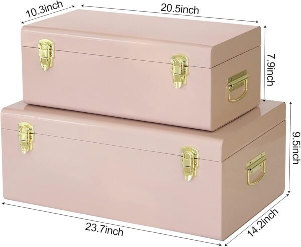 Vixdonos Metal Trunks College Dorm Steel Chests Decorative Storage Box Set of 2 Bedroom Organizer for Home Decor,23.7X14.2X9.5 Inches(Pink) - Image 2
