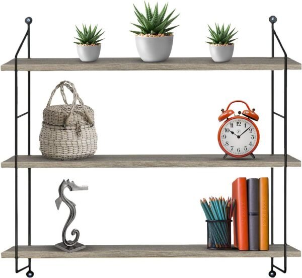 Sorbus® Floating Shelf with Metal Brackets — Wall Mounted Rustic Wood Wall Storage, Decorative Hanging Display for Trophy, Photo Frames, Collectibles, and Much More (3-Tier – Gray) - Image 4