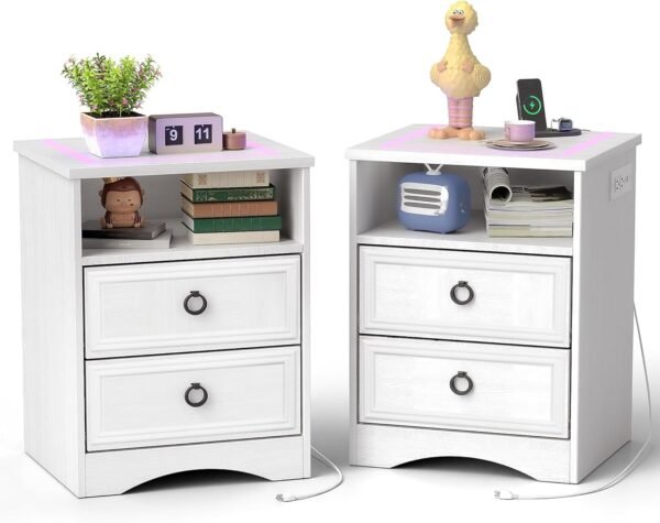 White Nightstand Set of 2 with Charging Station, Smart LED Night Stand Set 2 with 2 Storage Drawers, Farmhouse Wood Bed Side Table End Table with USB Ports and Outlets for Bedroom, Office