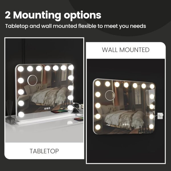 Vanity Mirror with Lights, 23"×18" Hollywood Vanity Mirror with Lights 15 Dimmable LED Bulbs, 3 Color Modes, 10X Magnification, USB Charging Port, Tabletop or Wall-Mounted (White, 23 * 18) - Image 4