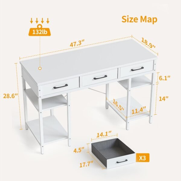 CubiCubi 47 Inch Computer Desk with 3 Drawers and Storage Shelves, Small Home Office Desk, Study Writing Gaming Table, Small Desk for Bedroom, White - Image 3