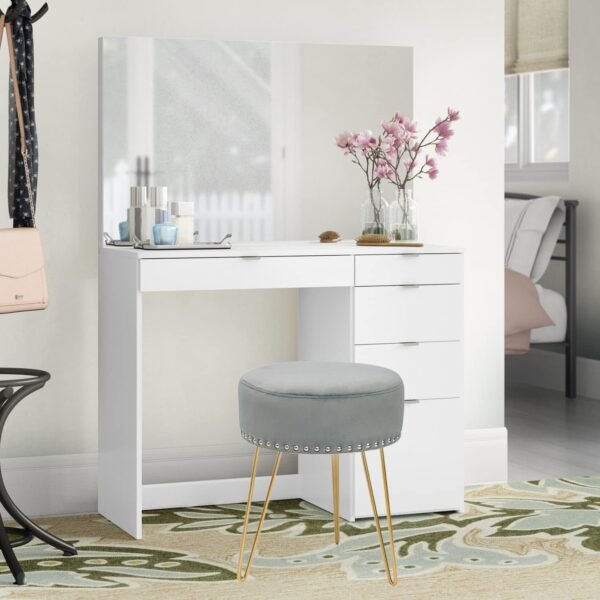 Adeco Round Grey Vanity Stool Chair, Upholstered Makeup Foot Stool Rest Ottoman with Gold Metal Legs for Makeup Room, Living Room - Image 2