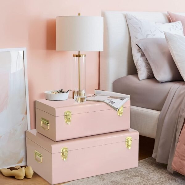 Vixdonos Metal Trunks College Dorm Steel Chests Decorative Storage Box Set of 2 Bedroom Organizer for Home Decor,23.7X14.2X9.5 Inches(Pink) - Image 5