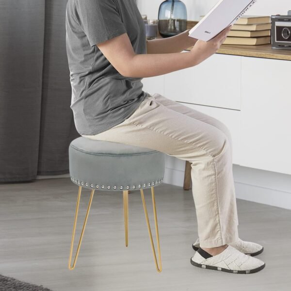 Adeco Round Grey Vanity Stool Chair, Upholstered Makeup Foot Stool Rest Ottoman with Gold Metal Legs for Makeup Room, Living Room - Image 8