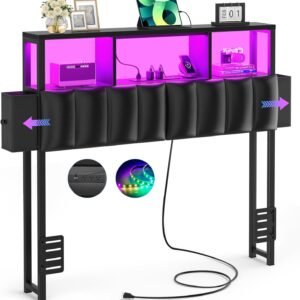 Unikito Upholstered Twin Headboard with Hidden Drawer Storage, Headboards for Twin Size with Power Outlet and LED Light, Twin Size Headboard Only, Sturdy and Stable Headboard for Collage Dorm, Black