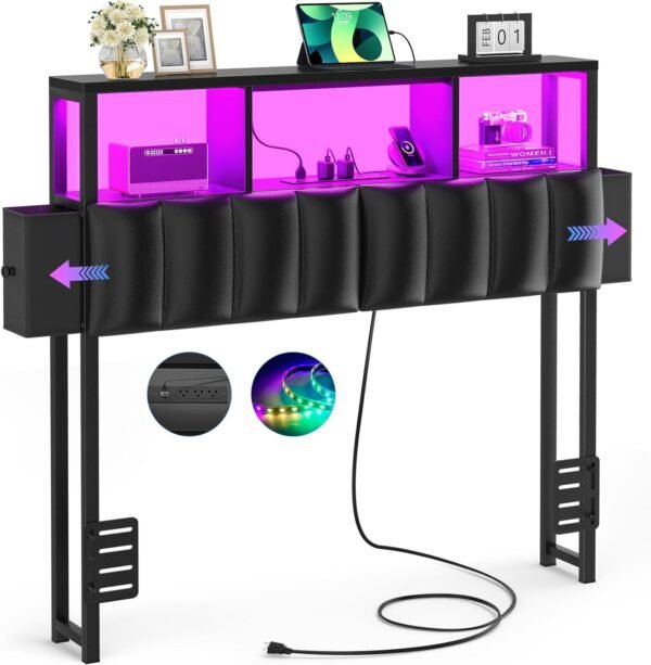 Unikito Upholstered Twin Headboard with Hidden Drawer Storage, Headboards for Twin Size with Power Outlet and LED Light, Twin Size Headboard Only, Sturdy and Stable Headboard for Collage Dorm, Black