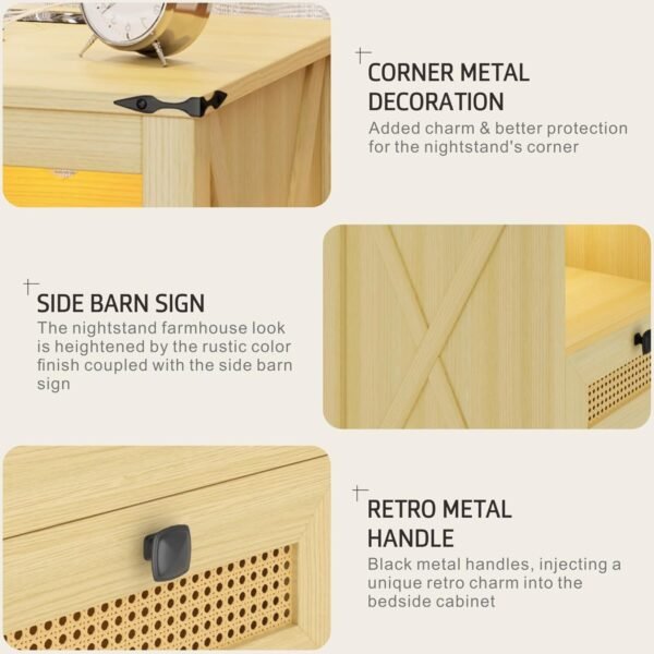 Nightstand with Charging Station, Farmhouse Night Stand with 2 Drawers for Bedroom, Smart Bedside Table with 3 Color LED Light and Human Sensor, Wood Rustic End Side Table, Natural - Image 6