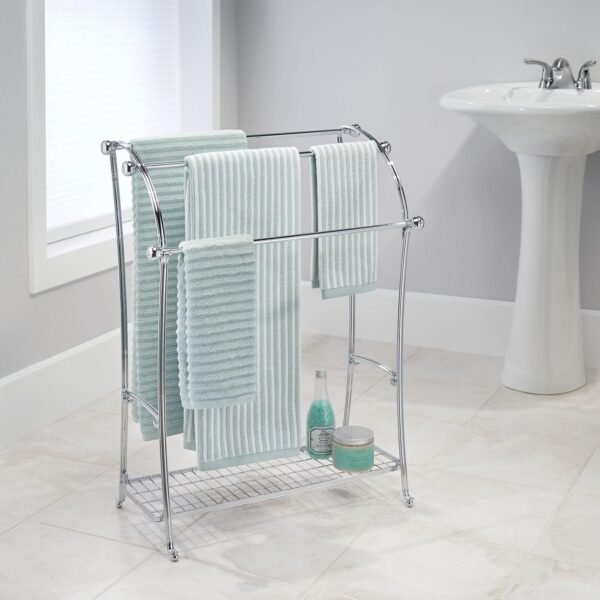 mDesign Large Standing Metal Bathroom Towel Holder Stand with Shelf - 3-Tier Towel Rack Stand for Hanging Bath, Hand, and Fingertip Towels - Towel Stand for Bathroom - Hyde Collection - Chrome - Image 3