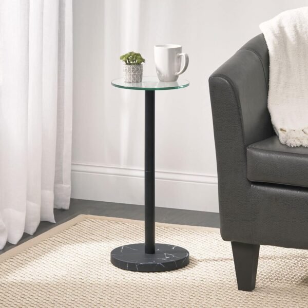 mDesign Glass Top Side/End Drink Table - Small Modern Round Accent Metal Nightstand Furniture for Living Room, Dorm, Home Office, and Bedroom - 9" Round - Clear/Matte Black Marble Print - Image 5