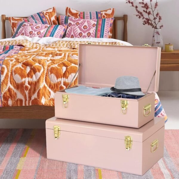 Vixdonos Metal Trunks College Dorm Steel Chests Decorative Storage Box Set of 2 Bedroom Organizer for Home Decor,23.7X14.2X9.5 Inches(Pink) - Image 4